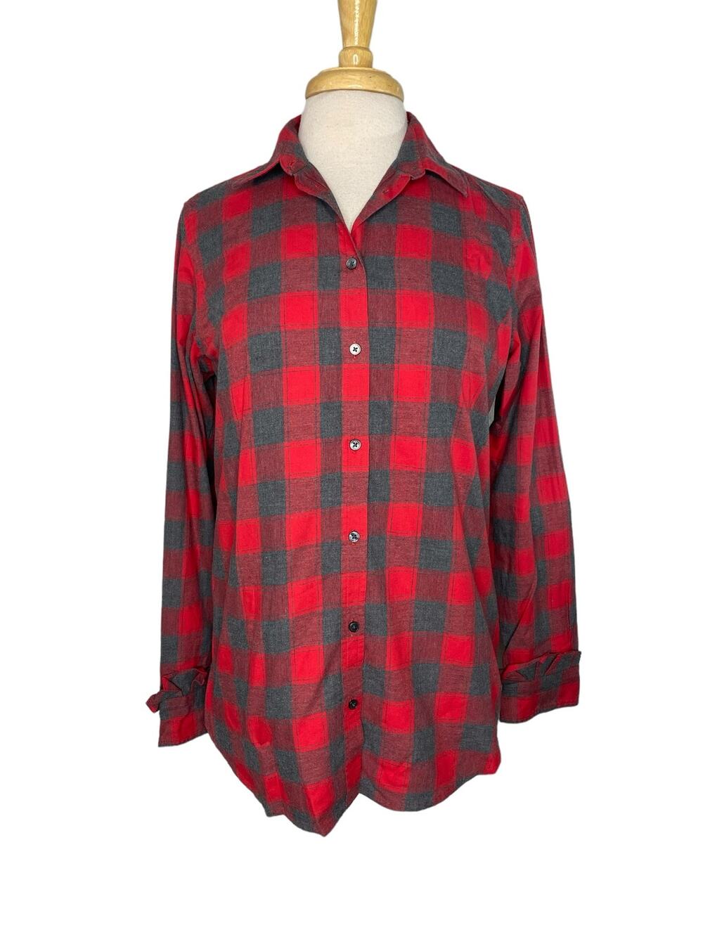 BANANA REPUBLIC Red Gray Plaid Flannel Dillon Ruffle Shirt Size Medium Womens